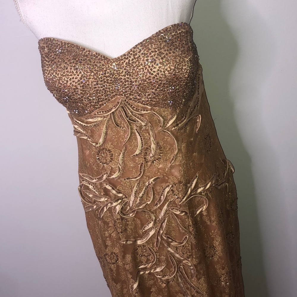 May Queen gold beaded evening gown